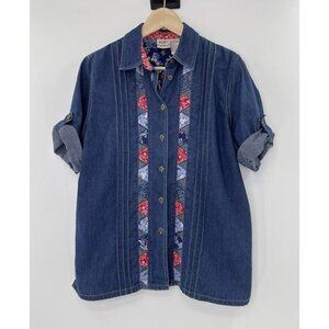 Vintage Koret Women Size Medium Denim Blouse Tab‎ Sleeve Western Cowgirl Rodeo